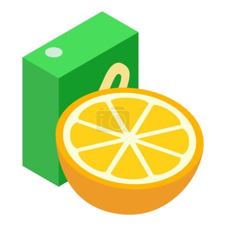 Téléchargez les illustrations : Icône de jus d'orange vecteur isométrique. Demi-orange mûre fraîche et emballage de jus. Concept d'aliments et de boissons - en licence libre de droit