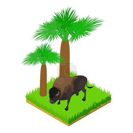 Ilustración de Icono de bisonte vector isométrico. Gran animal de bisonte marrón de pie en la hierba verde. Fauna, vida silvestre, protección del medio ambiente - Imagen libre de derechos