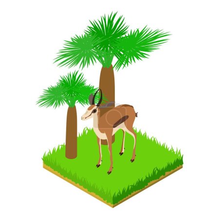 Antelope icône vecteur isométrique. Jeune antilope debout dans l'herbe verte. Faune, faune, protection de l'environnement