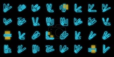 Illustration for Hair straightener icons set outline vector. Salon iron. Hair styler neon color on black - Royalty Free Image