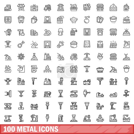 Illustration for 100 metal icons set. Outline illustration of 100 metal icons vector set isolated on white background - Royalty Free Image