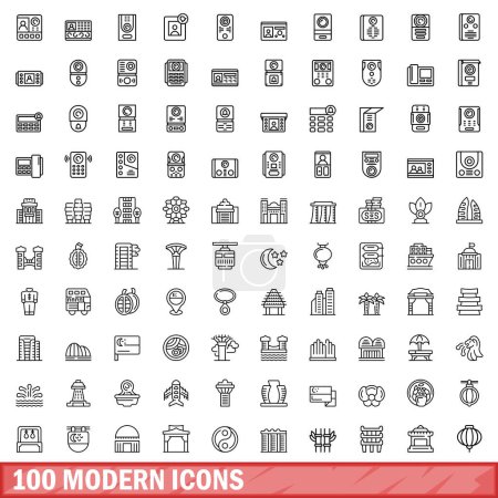 Téléchargez les illustrations : Ensemble de 100 icônes modernes. Illustration schématique de 100 icônes vectorielles modernes isolées sur fond blanc - en licence libre de droit