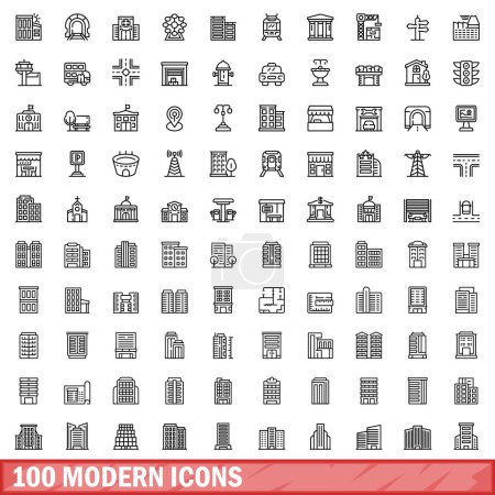 Téléchargez les illustrations : Ensemble de 100 icônes modernes. Illustration schématique de 100 icônes vectorielles modernes isolées sur fond blanc - en licence libre de droit