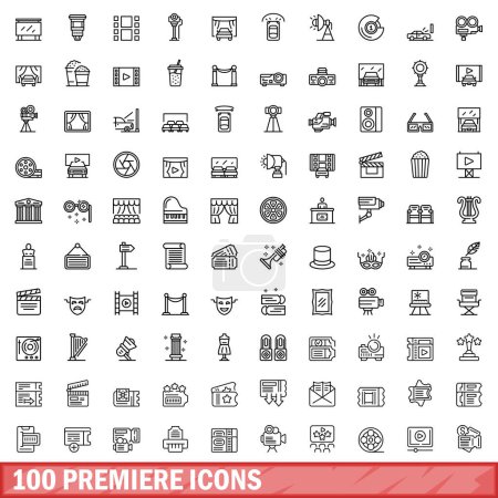 Téléchargez les illustrations : Ensemble de 100 icônes de première. Illustration schématique de 100 premières icônes vectorielles isolées sur fond blanc - en licence libre de droit