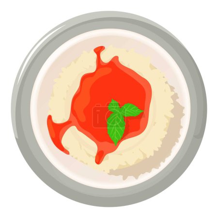Illustration pour Panna cotta icône vecteur isométrique. Panna cotta avec confiture de fruits et icône de feuille de menthe. Dessert, petit déjeuner, nourriture sucrée, vue sur le dessus - image libre de droit