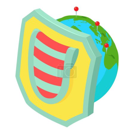 Icono de escudo multicolor vector isométrico. Brillante escudo en el fondo del planeta. Concepto de protección, período histórico