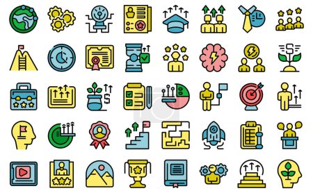 Personal Growth Training icons set outline vector. Self development. Care study thin line color on white