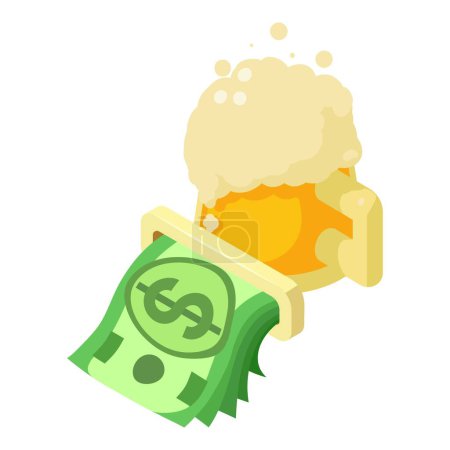 Oktoberfest icono del vector isométrico. Taza de cerveza espumosa de vidrio grande y el icono del billete de dólar. Celebración, bebida tradicional