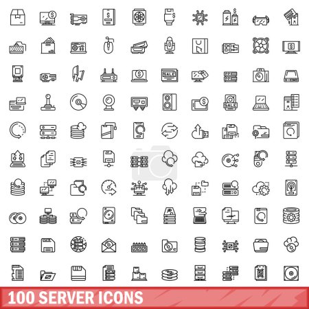 Téléchargez les illustrations : 100 icônes de serveur définies. Illustration schématique de 100 icônes de serveur ensemble vectoriel isolé sur fond blanc - en licence libre de droit