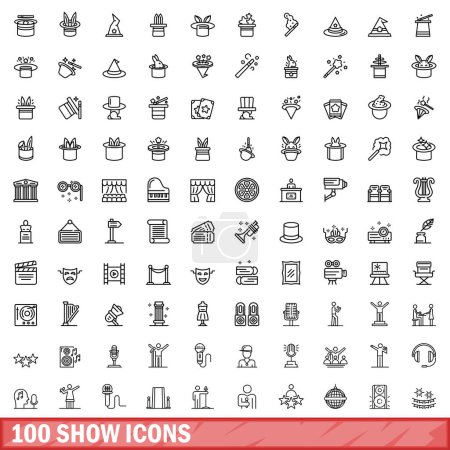 Téléchargez les illustrations : Ensemble de 100 icônes de spectacle. Illustration schématique de 100 icônes de spectacle ensemble vectoriel isolé sur fond blanc - en licence libre de droit