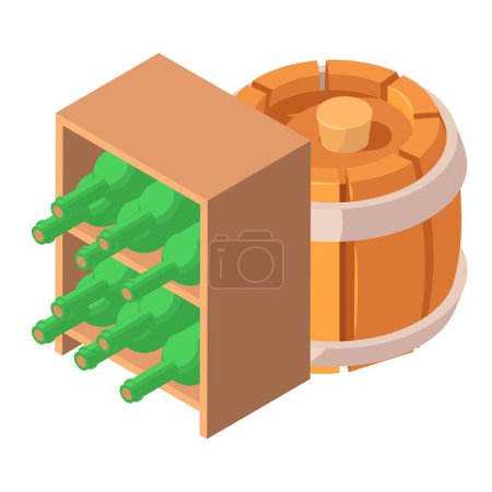 Illustration for Winemaking icon isometric vector. Traditional wine rack near wooden barrel icon. Hobby, production, business - Royalty Free Image