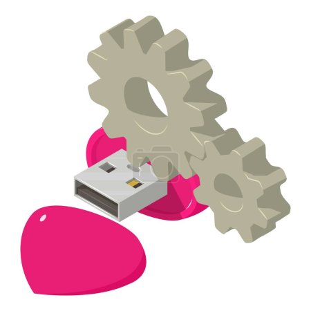Bright device icon isometric vector. Pink portable heart shaped flash drive icon. Electronic device, modern technology