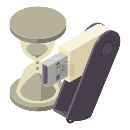 Icono del dispositivo de almacenamiento vector isométrico. Unidad flash portátil de metal cerca de reloj de arena. Dispositivo electrónico, tecnología moderna