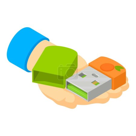 Modern device icon isometric vector. Bright portable flash drive in human hand. Storage device, modern technology