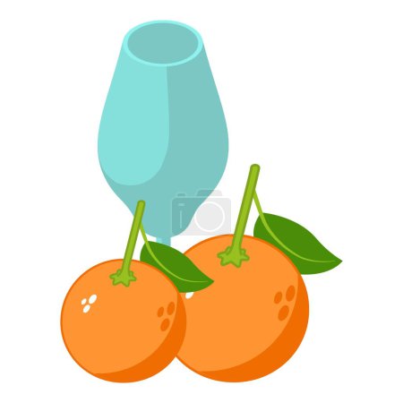 Orange drink icon isometric vector. Glass goblet and fresh ripe orange with leaf. Beverage concept, natural ingredient