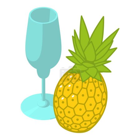 Illustration for Pineapple drink icon isometric vector. Glass goblet near fresh yellow pineapple. Beverage concept, natural ingredient - Royalty Free Image