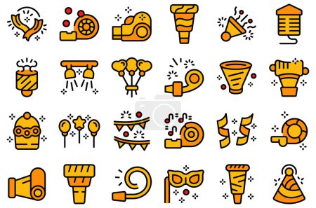 Party blower icons set outline vector. Whistle horn. Happy celebration thin line color flat on white