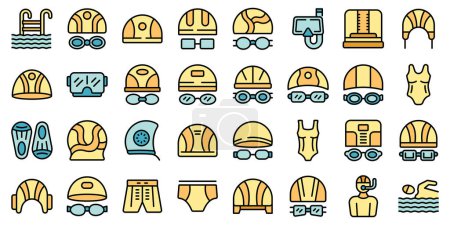 Illustration for Swimming cap icons set outline vector. Swim pool. Water cap thin line color flat on white - Royalty Free Image