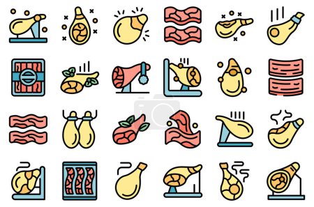 Jamon icons set outline vector. Food ham. Pig hoof thin line color flat on white