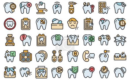 Ilustración de Los iconos del dolor de muelas establecen el vector de contorno. Muchacho de dientes. Malo dolor delgada línea de color plana sobre blanco - Imagen libre de derechos
