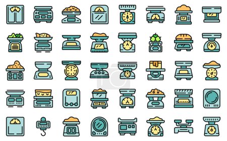 Illustration for Kitchen scales icons set outline vector. Food weight. Kitchen balance thin line color flat on white - Royalty Free Image