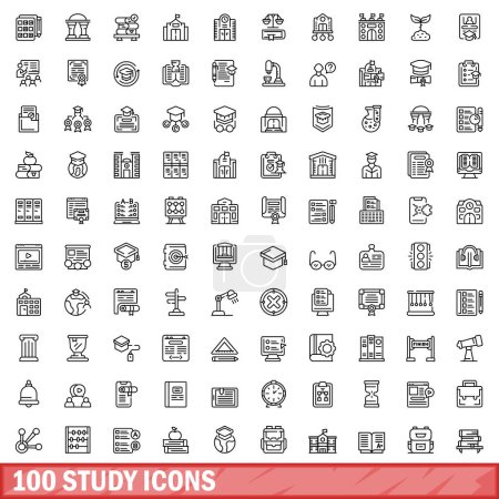 Téléchargez les illustrations : Ensemble de 100 icônes d'étude. Illustration schématique de 100 icônes d'étude ensemble vectoriel isolé sur fond blanc - en licence libre de droit