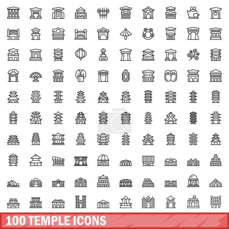 Téléchargez les illustrations : Ensemble de 100 icônes du temple. Illustration schématique de 100 icônes de temple ensemble vectoriel isolé sur fond blanc - en licence libre de droit