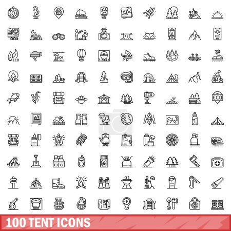Conjunto de 100 iconos de tienda. Esquema ilustración de 100 iconos de carpa vector conjunto aislado sobre fondo blanco