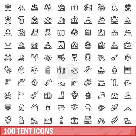 Téléchargez les illustrations : Ensemble de 100 icônes de tente. Illustration schématique de 100 jeux de vecteurs d'icônes de tente isolés sur fond blanc - en licence libre de droit
