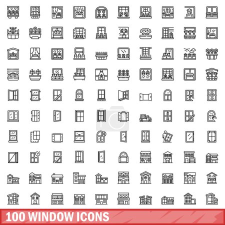 Ilustración de 100 iconos de ventana establecidos. Esquema ilustración de 100 iconos de ventana conjunto de vectores aislados sobre fondo blanco - Imagen libre de derechos