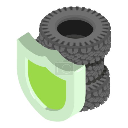 Regenerated tire icon isometric vector. Old worn car tire and green shield icon. Protection symbol, reuse concept