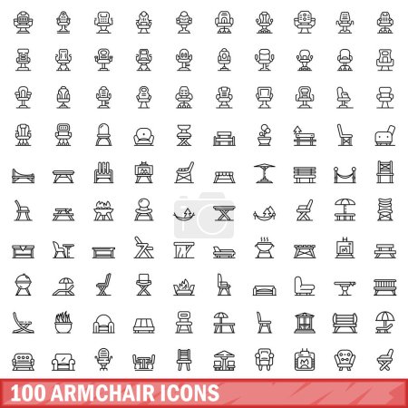 Téléchargez les illustrations : Ensemble de 100 icônes de fauteuil. Illustration schématique de 100 icônes de fauteuils vectoriels isolés sur fond blanc - en licence libre de droit