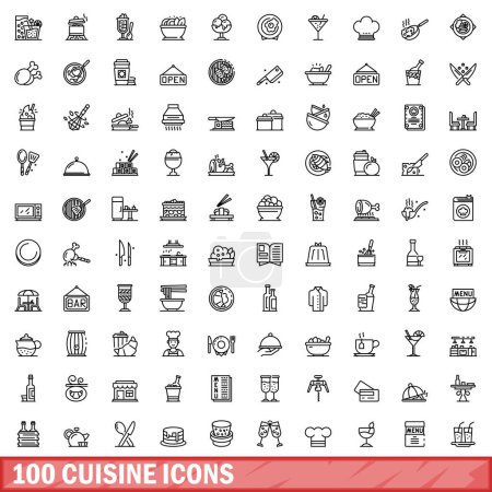 Téléchargez les illustrations : Ensemble de 100 icônes de la cuisine. Illustration schématique de 100 icônes de la cuisine ensemble vectoriel isolé sur fond blanc - en licence libre de droit