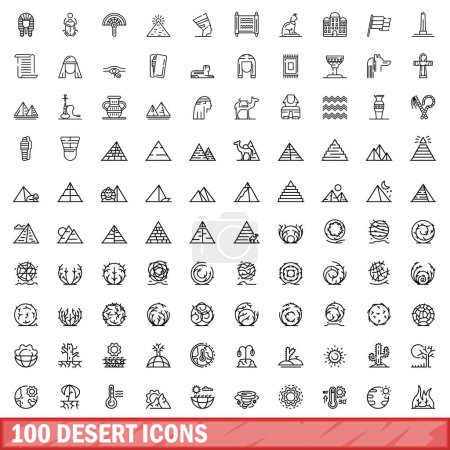 Téléchargez les illustrations : Ensemble de 100 icônes du désert. Illustration schématique de 100 icônes vectorielles du désert isolées sur fond blanc - en licence libre de droit
