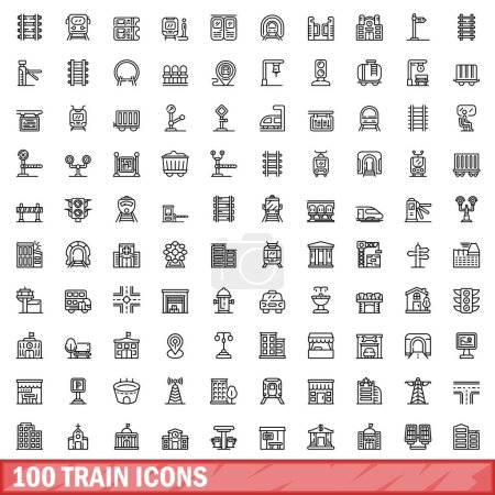 Téléchargez les illustrations : Ensemble de 100 icônes de train. Illustration schématique de 100 icônes de train ensemble vectoriel isolé sur fond blanc - en licence libre de droit