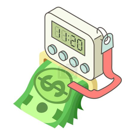 Ilustración de Icono de tiempo impositivo vector isométrico. Reloj electrónico moderno e icono del billete de dólar. Concepto de fiscalidad, finanzas - Imagen libre de derechos