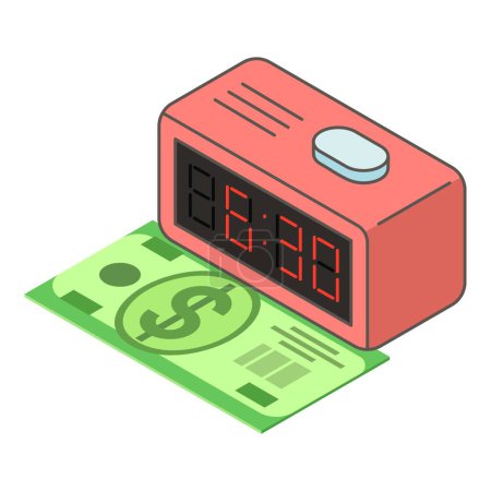 Money time icon isometric vector. Modern electronic clock and dollar bill icon. Time, finance, money, income