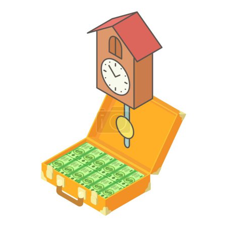 Illustration for Antique investing icon isometric vector. Vintage cuckoo clock and money suitcase. Rare thing, time concept - Royalty Free Image