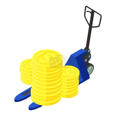 Warehouse shipping icon isometric vector. Big golden coin stack on hand forklift. Logistic concept, warehousing service