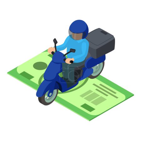 Delivery service icon isometric vector. Moto delivery courier on big dollar bill. Fast shipping concept