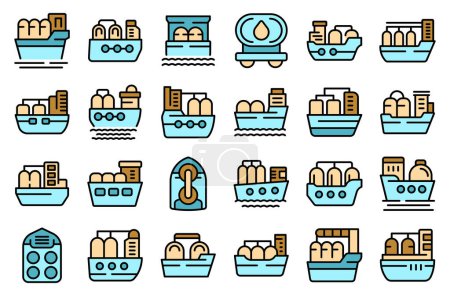 Illustration for Gas carrier ship icons set outline vector. Gas energy. Pipe fuel thin line color flat on white - Royalty Free Image