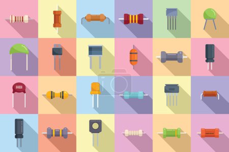 Illustration for Resistor icons set flat vector. Capacitor chip. Battery board - Royalty Free Image