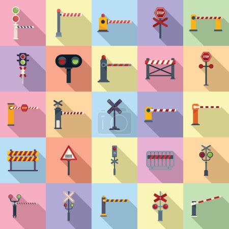 Illustration for Railroad barrier icons set flat vector. Crossing railway. Sign barrier - Royalty Free Image