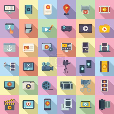 Illustration for Clip montage icons set flat vector. Studio film. Movie production - Royalty Free Image