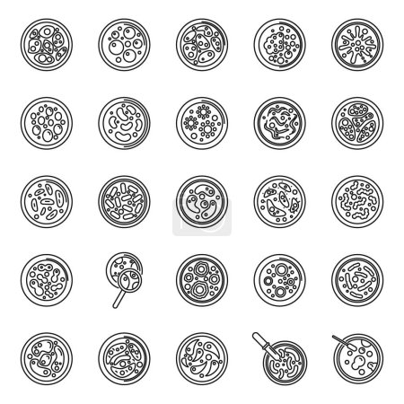 Téléchargez les illustrations : Boîte de Pétri icônes définir contour vecteur. Expérience bactérienne. Culture culinaire - en licence libre de droit