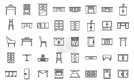 Ilustración de Iconos de muebles de cocina conjunto contorno vector. Confort del apartamento. Nevera comedor - Imagen libre de derechos