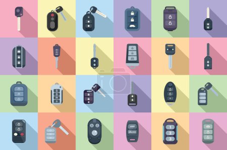Illustration for Smart car key icons set flat vector. Driver mobile. Smart alarm - Royalty Free Image