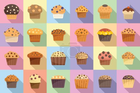 Ilustración de Muffin iconos conjunto de vector plano. Pastel de panadería. Cumpleaños de magdalena - Imagen libre de derechos