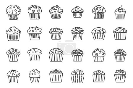 Ilustración de Iconos de panecillos establecen el vector de contorno. Pastel de panadería. Cumpleaños de magdalena - Imagen libre de derechos