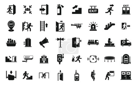 Illustration for Human evacuation icons set simple vector. Emergency exit. Escape door - Royalty Free Image